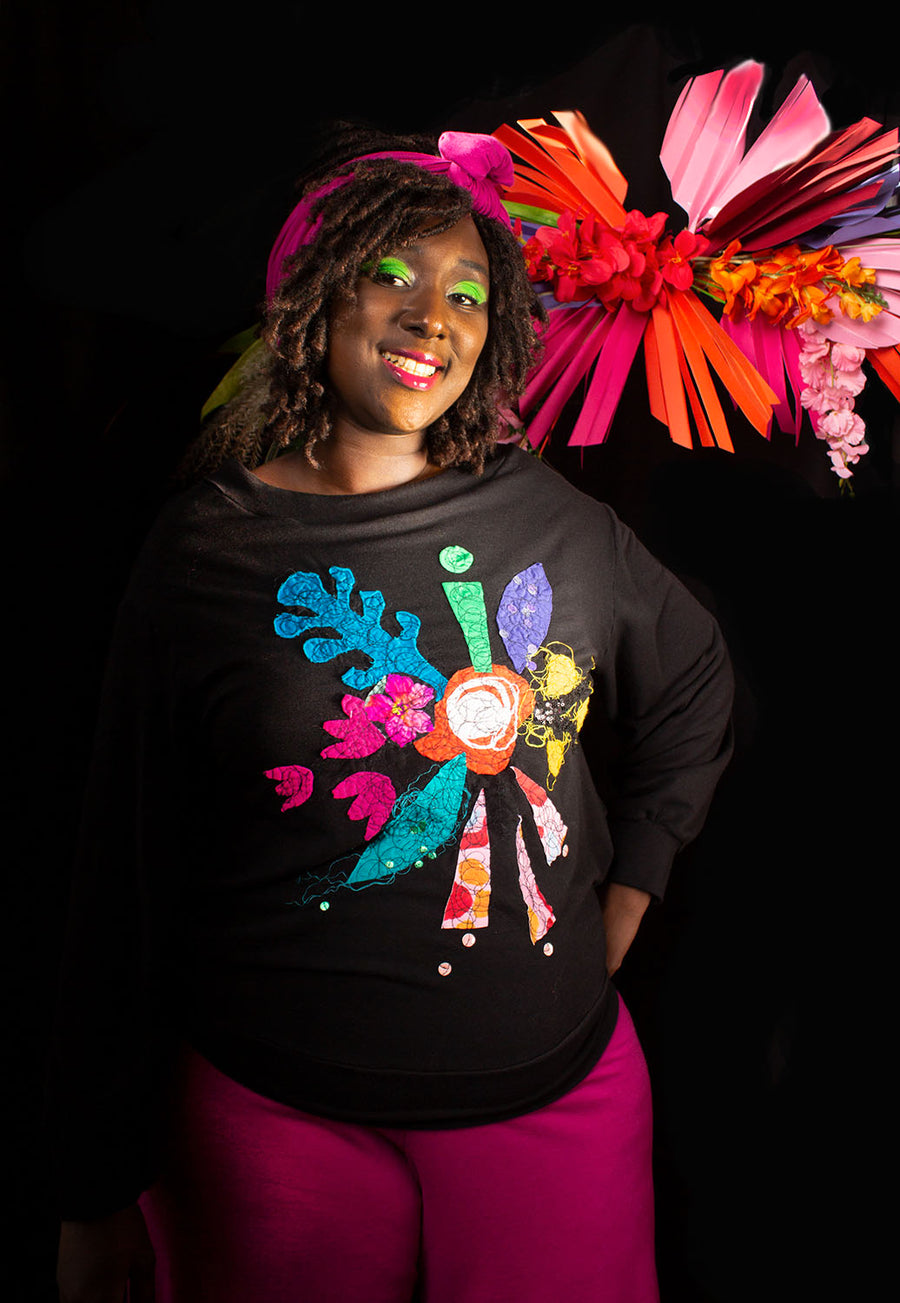 CHANDAIL FLEURI EN BAMBOU ÉPAIS NOIR