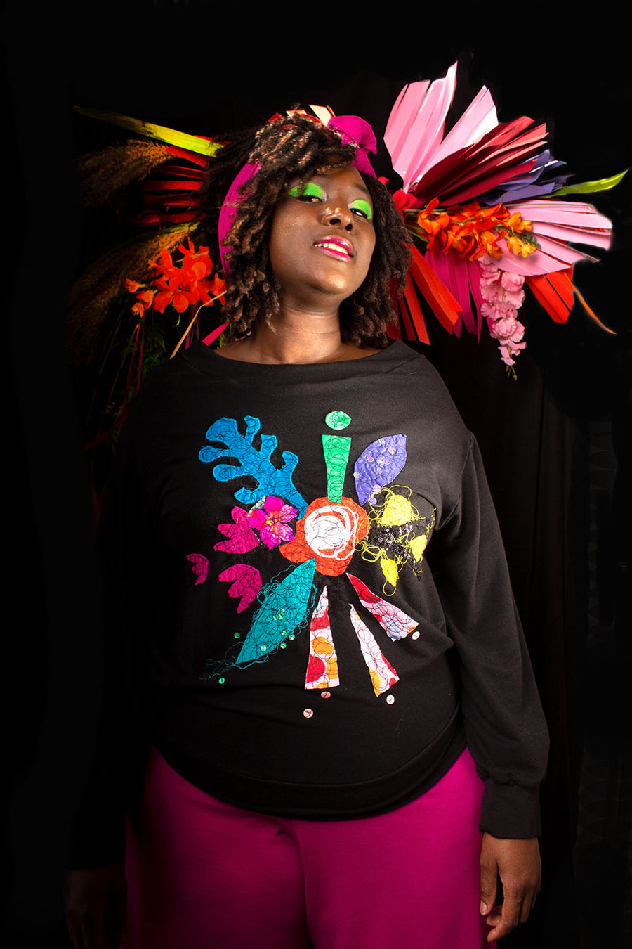 CHANDAIL FLEURI EN BAMBOU ÉPAIS NOIR