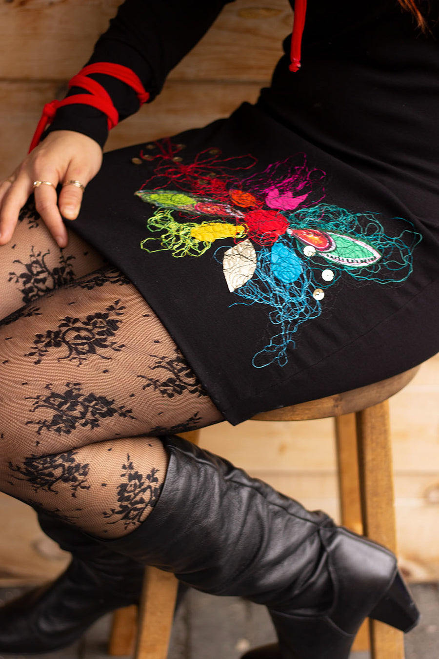 BAS COLLANT NOIR FLEURI TRANSPARENT